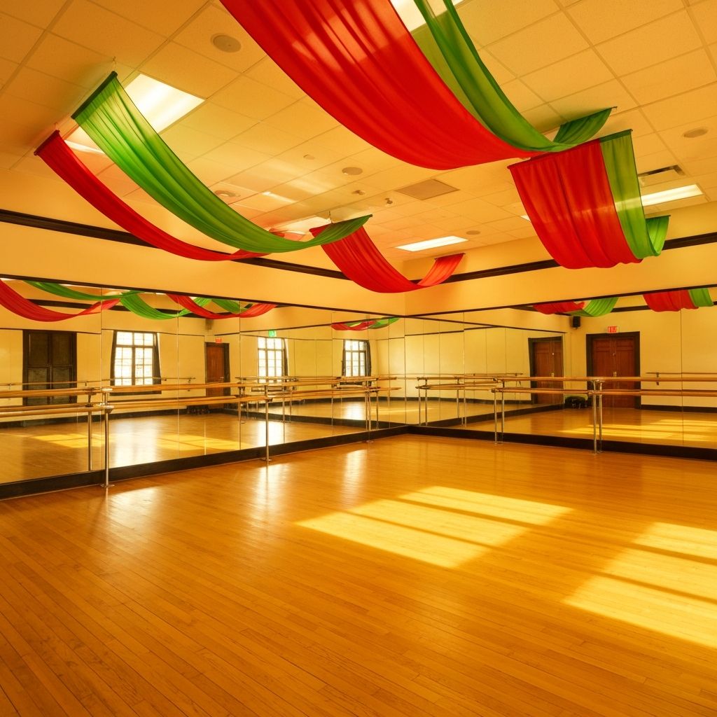 Dance Ranga studio interior with warm golden lighting and polished hardwood floors